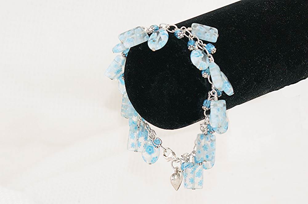 Sterling silver, sky blue and turquoise colored murrini, murano glass bead bracelet.