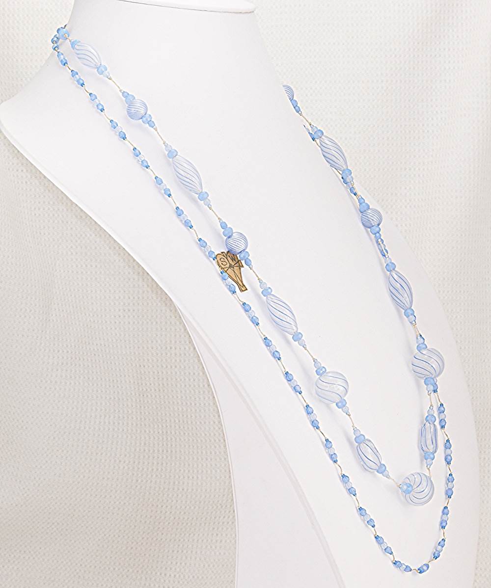 Delft blue and white vintage Venetian glass bead necklace with blue Chalcedony and Calcite.