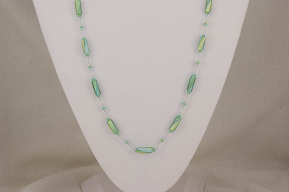 Bright, spring green and turquoise, hand blown, glass bead necklace.
