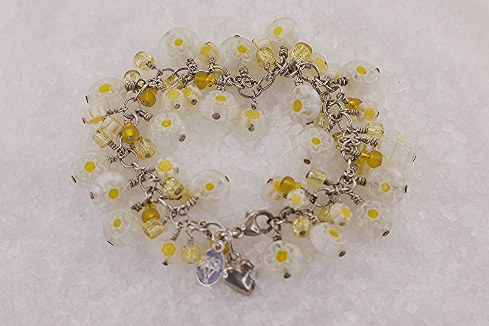 Lemon yellow, Venetian Millefiori and Japanese beaded bracelet on sterling silver chain.