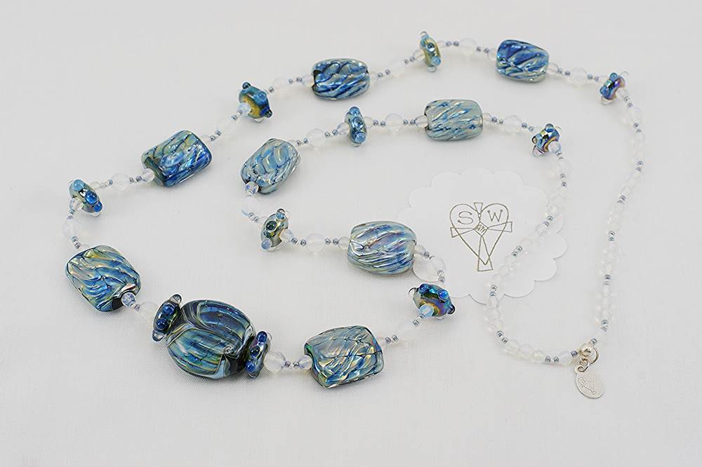 blue iridescent glass bead necklace