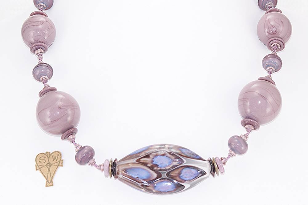 Handmade plum purple glass bead necklace.