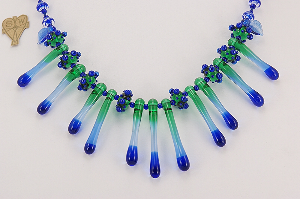blue and green icicle glass bead necklace