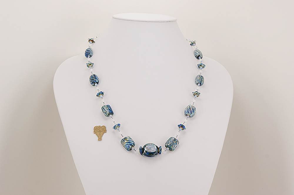 Blue glass beaded necklace with sterling silver accents