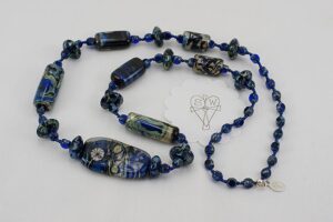 cobalt blue and green glass bead necklace with sterling silver accents