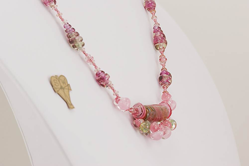 pink glass and quartz bead necklace with sterling silver highlights