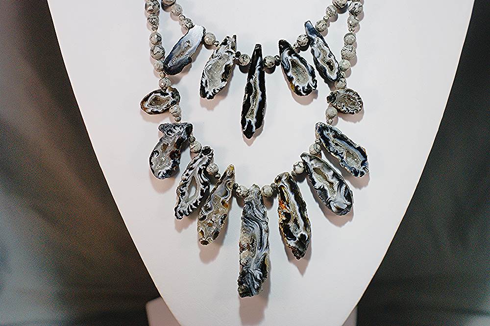 Gray lace agate, geode statement necklace with faceted gray lace agate beads.