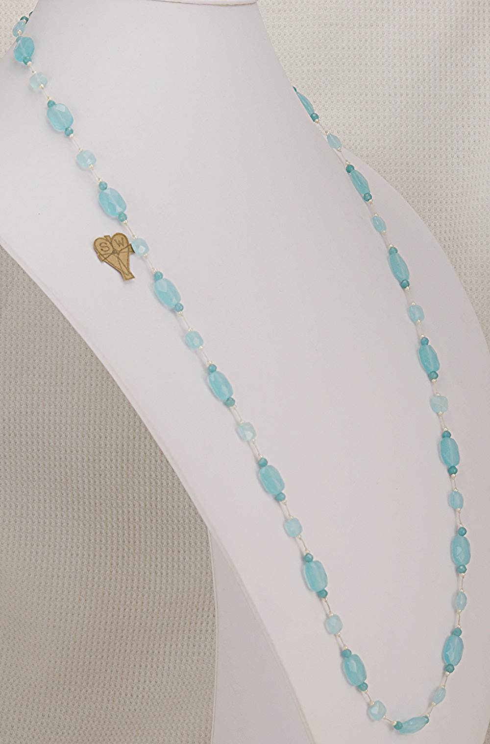 37 inch long, light blue chalcedony, freshwater pearl and blue beryl beaded necklace.