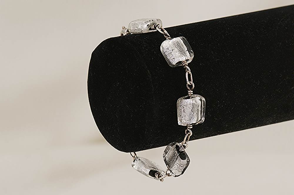 Unique, handmade, black and silver, Venetian dichroic glass bead bracelet with sterling silver.
