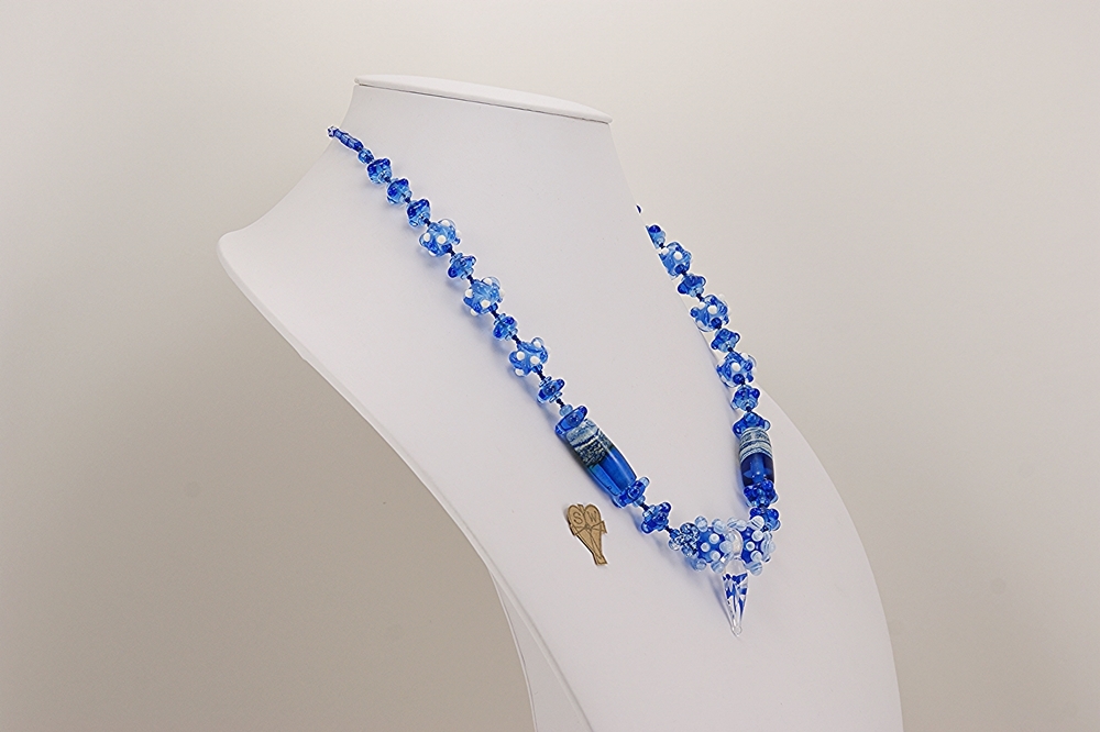 handmade cobalt blue and white colored glass bead necklace