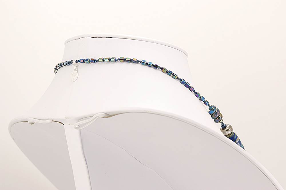 necklace metallic glass black blue beads
