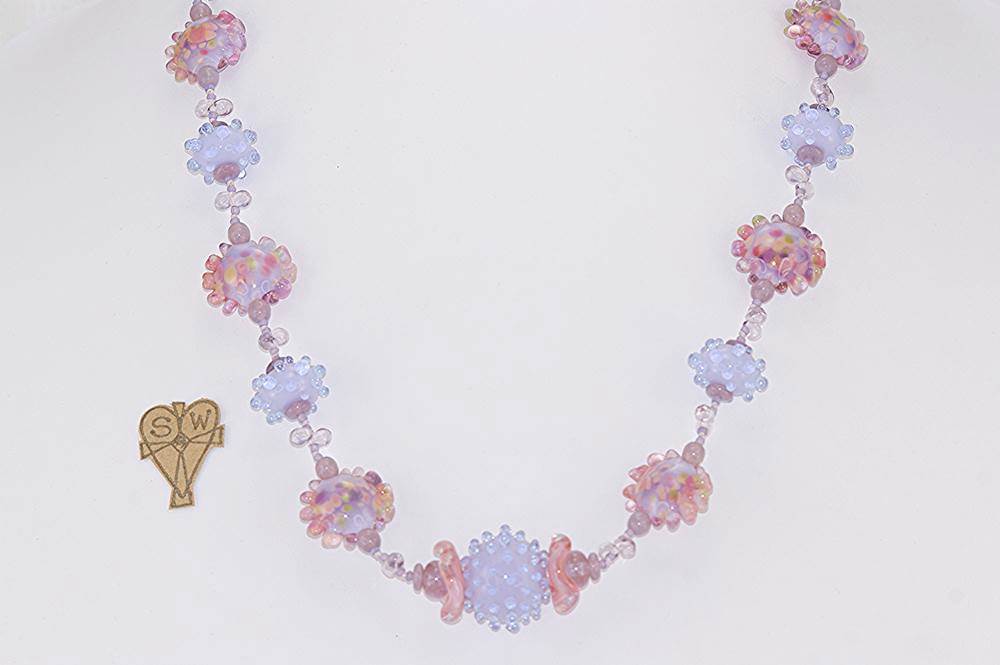 Pink and lavender, opalescent, hand blown, glass bead, necklace