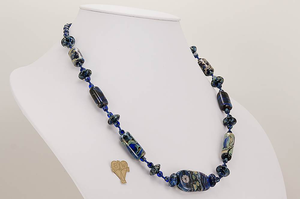 handmade cobalt blue and green glass bead necklace