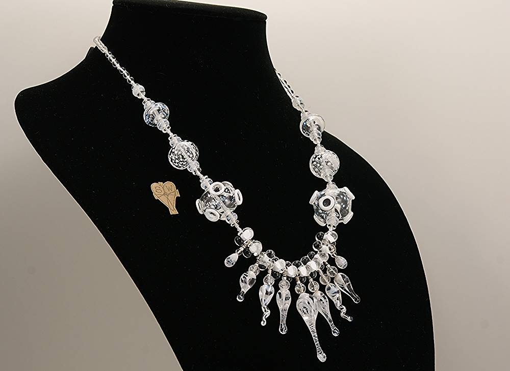 White and clear beaded necklace with Labradorite clear crystal and sterling silver.