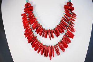 Red bamboo coral necklace.