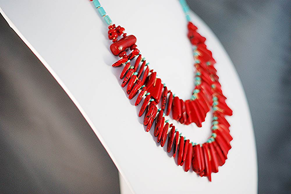 Red, bamboo, coral, statement necklace.