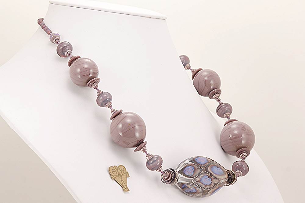 Plum purple glass bead necklace with sterling silver raku.