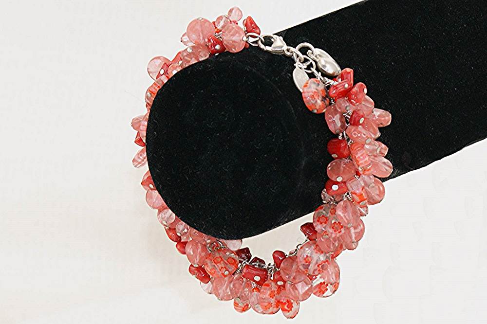 Watermelon agate, rose quartz, millefiori murano glass bead and sterling silver bracelet.