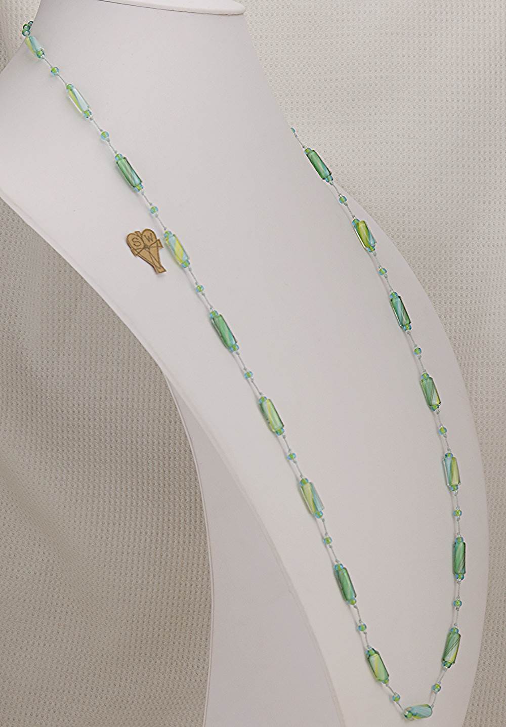 38 inch long, light spring green and blue, glass bead necklace.