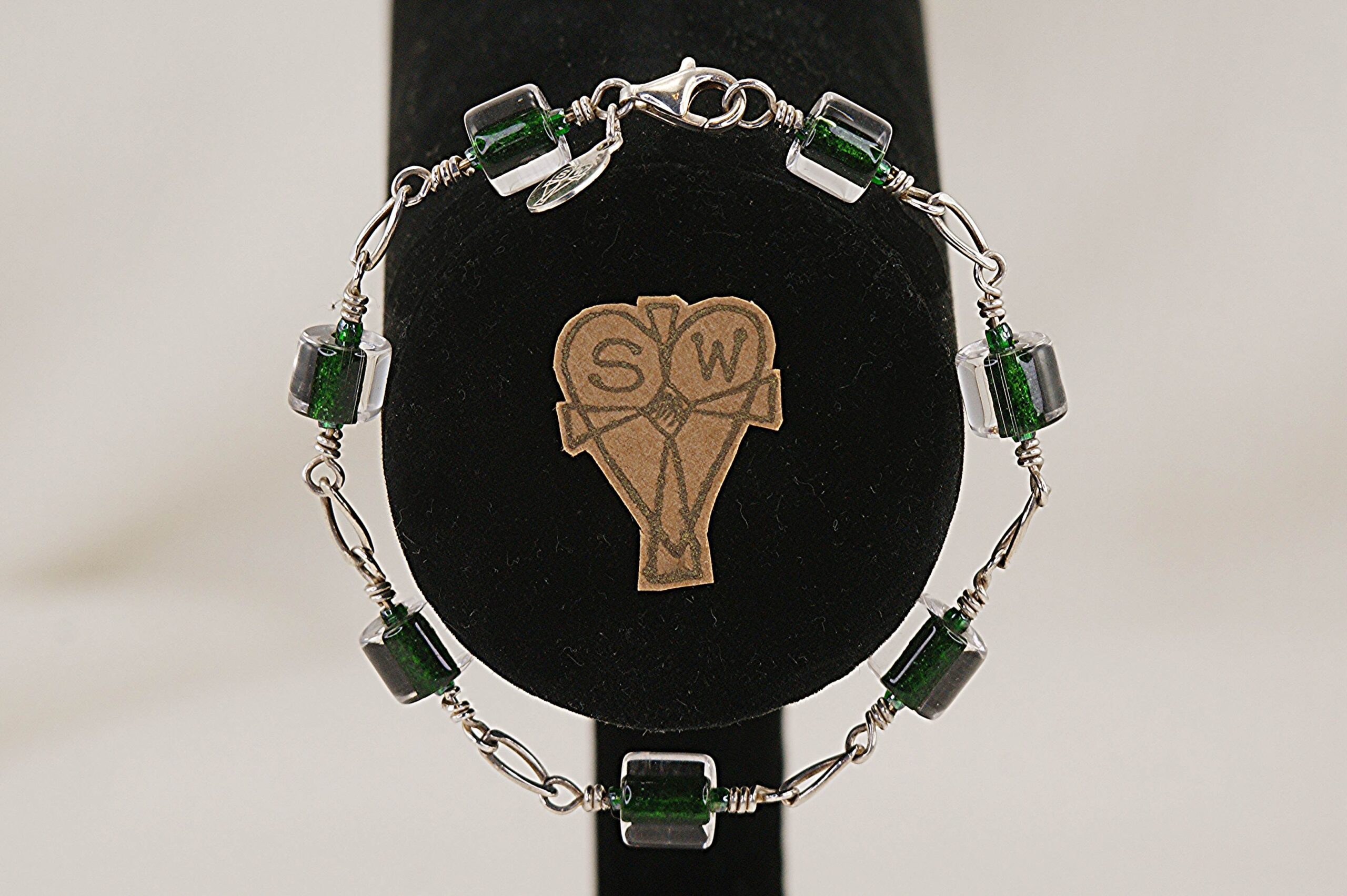 Deep emerald green glass bead necklace with sterling silver.