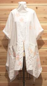 White, %100 Italian linen chic cloak with pink/ peach tulip like flowered print and front pockets.