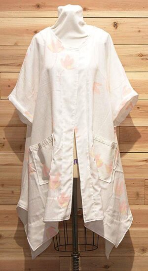 White, %100 Italian linen chic cloak with pink/ peach tulip like flowered print and front pockets.