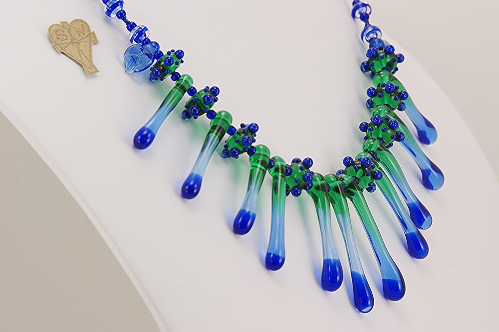 blue green glass bead necklace with icicles