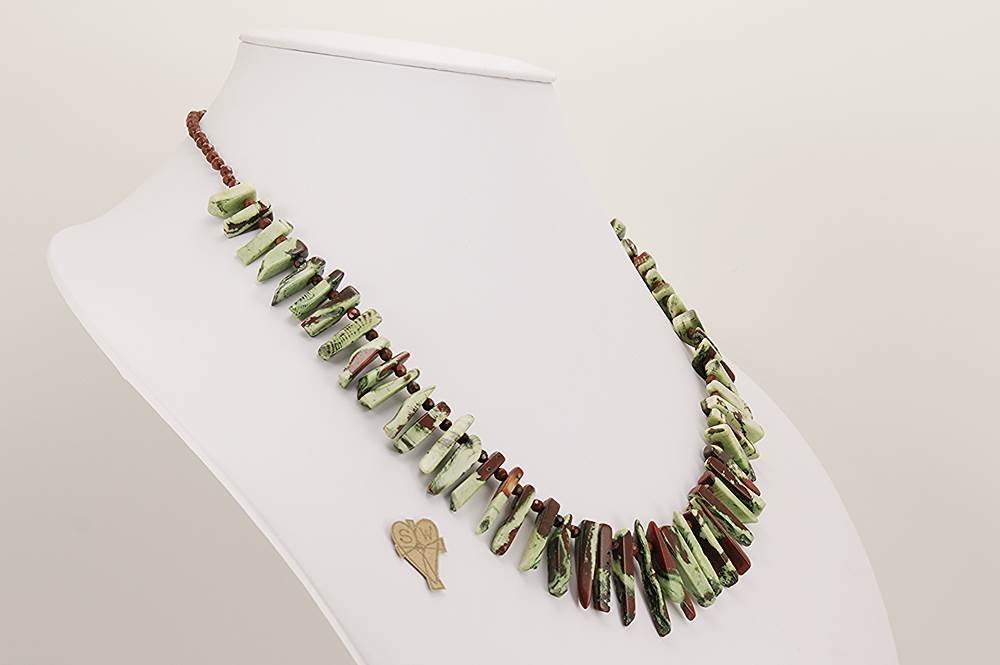 Watermelon bamboo coral and red jasper beaded necklace.