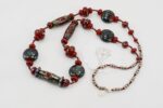Red, black and grey glass bead necklace with silver raku effect.