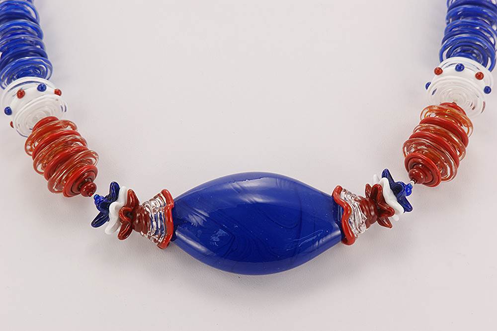 Red, white and blue, handmade, glass bead necklace.