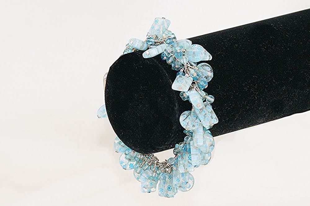 Millefiori murano turquoise and light blue glass and sterling silver bracelet.