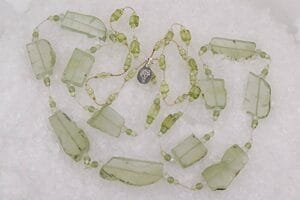 Necklace made of raw chrysolite slabs and peridot.