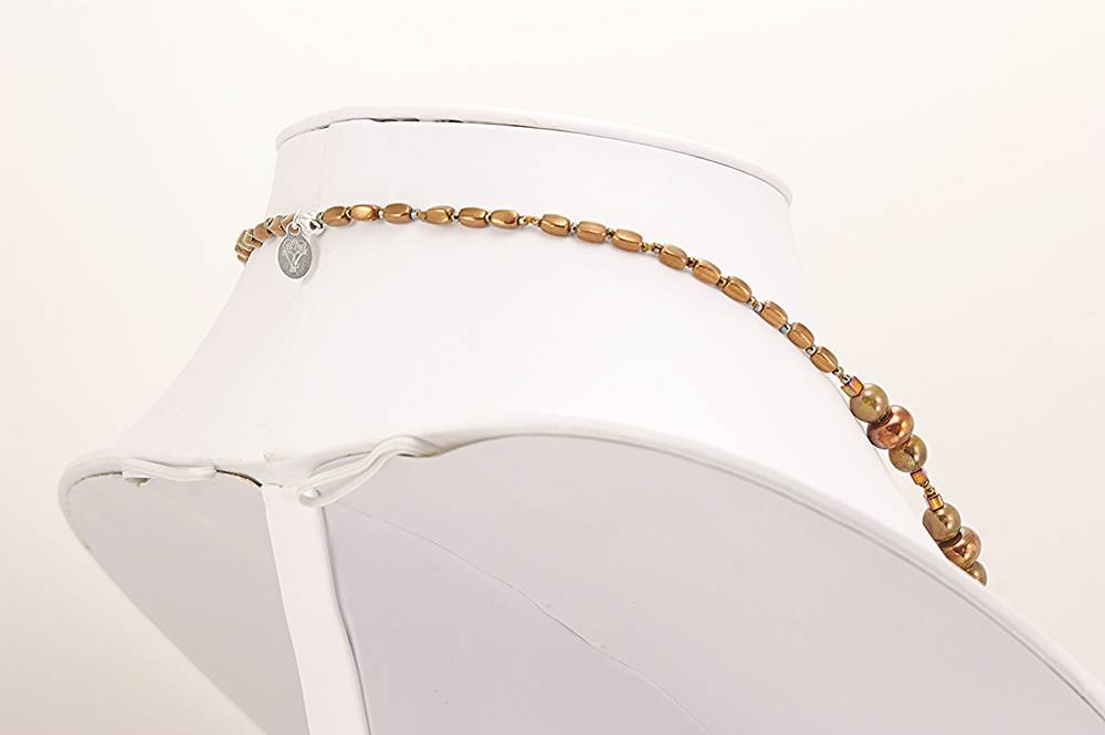 bronze copper and silver colored glass bead necklace