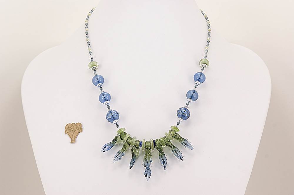 Sage and sapphire colored glass bead necklace