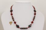 Red, black and grey glass beaded necklace with sterling silver accents.