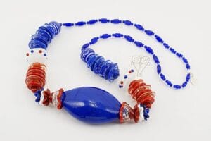 Red, white and blue glass beaded necklace.