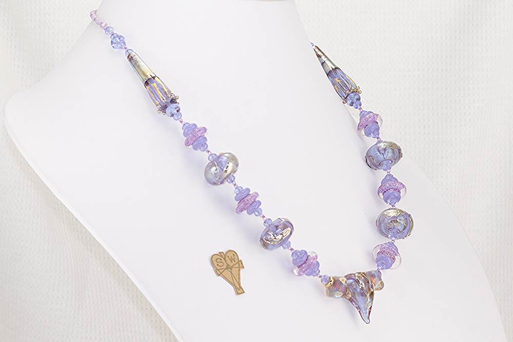 Brilliant purple violet glass bead necklace with gold and sterling silver highlights.