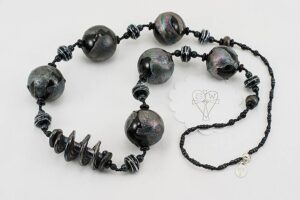 black glass bead necklace with sterling silver accents