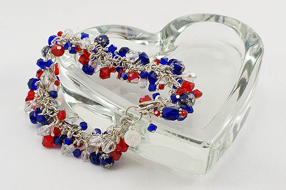 Red, white and blue Swarovski crystal bracelet with sterling silver chain.