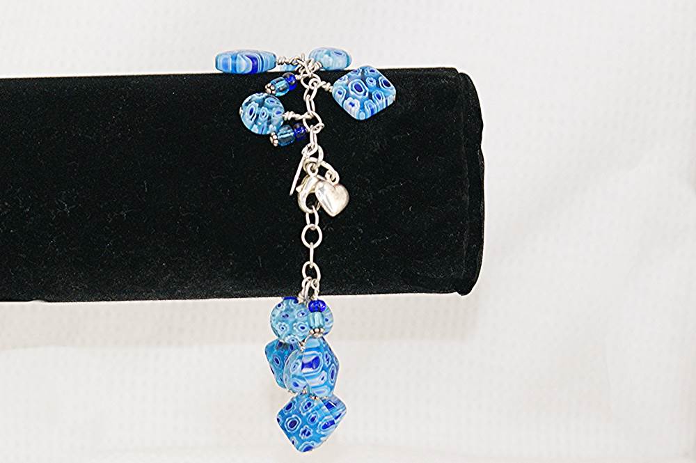 light and royal blue millefiori glass bead bracelet on sterling silver chain
