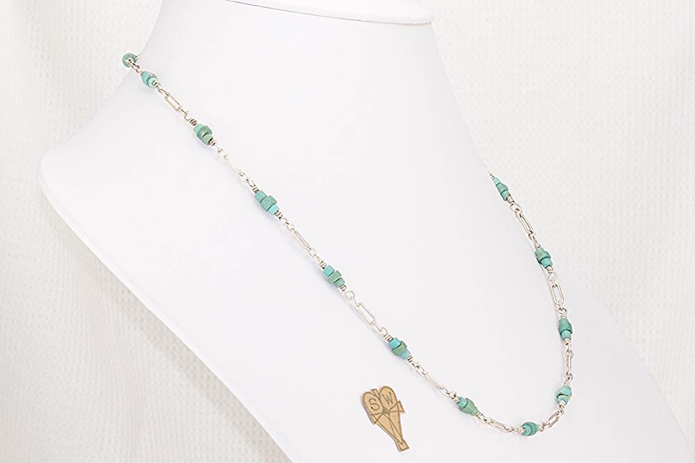 Sterling silver box chain necklace with hand wrapped turquoise beads.