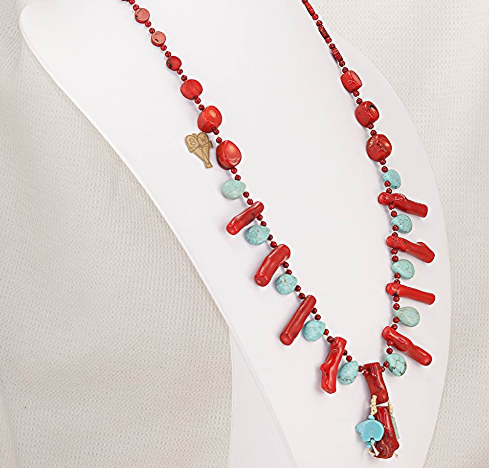 Deep red bamboo coral and turquoise necklace.