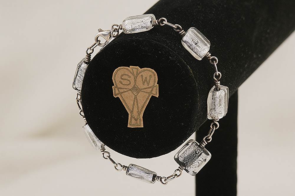 Handmade, black and silver, dichroic glass bracelet with sterling silver.