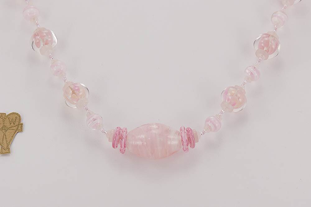 soft pink glass bead necklace with rose quartz