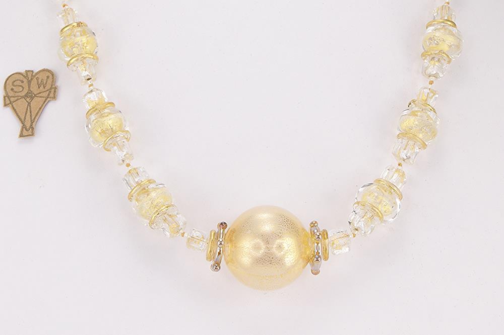 One of a kind, necklace handmade of clear quartz beads lined with gold and silver leaf surrounded with vintage Japanese gold lined seed beads.