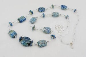blue iridescent glass bead necklace