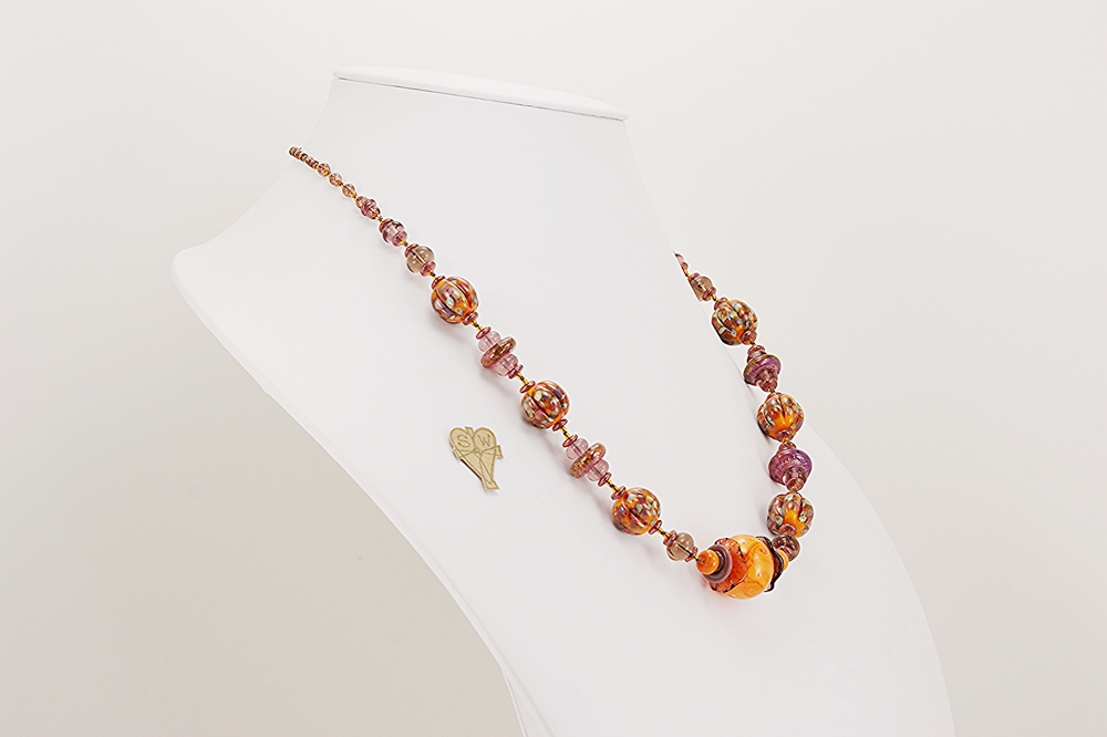 handmade orange and purple glass bead necklace