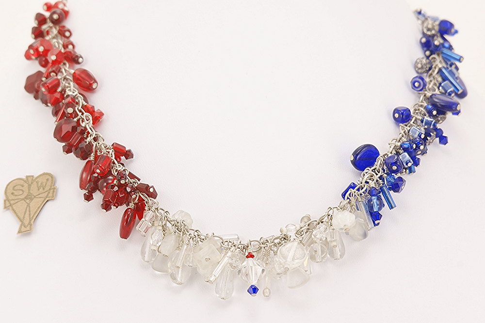 Handmade, red, white and blue Swarovski crystal necklace with sterling silver chain.