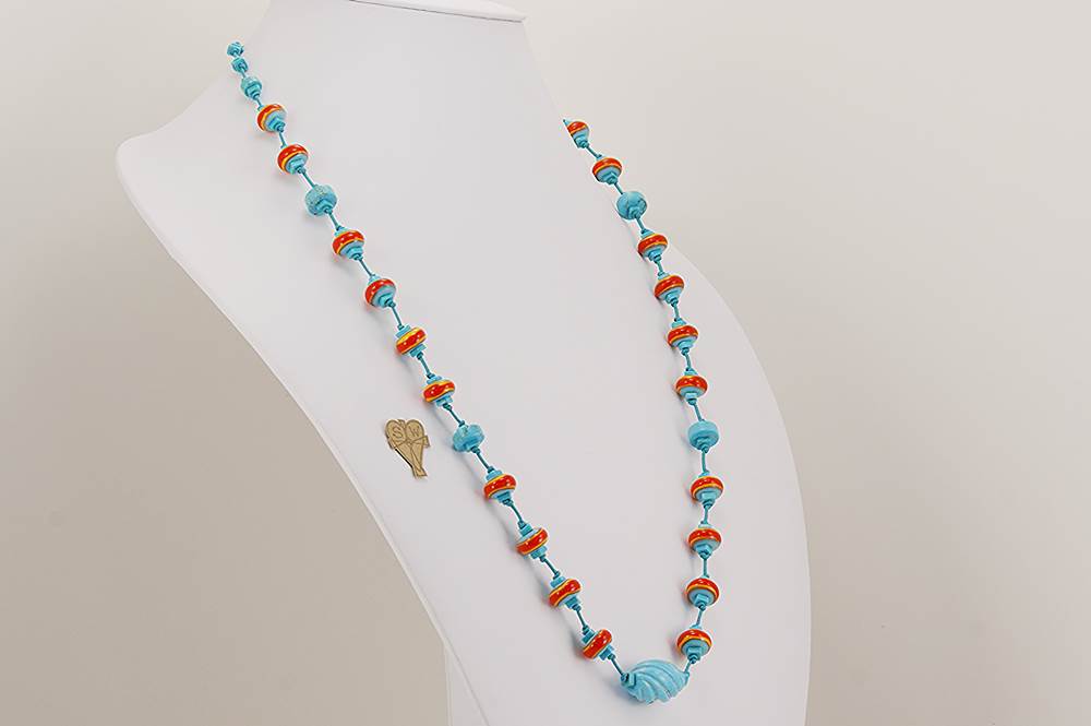 Turquoise red and orange glass bead necklace.