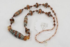 Necklace with copper, grey and brown color glass beads.